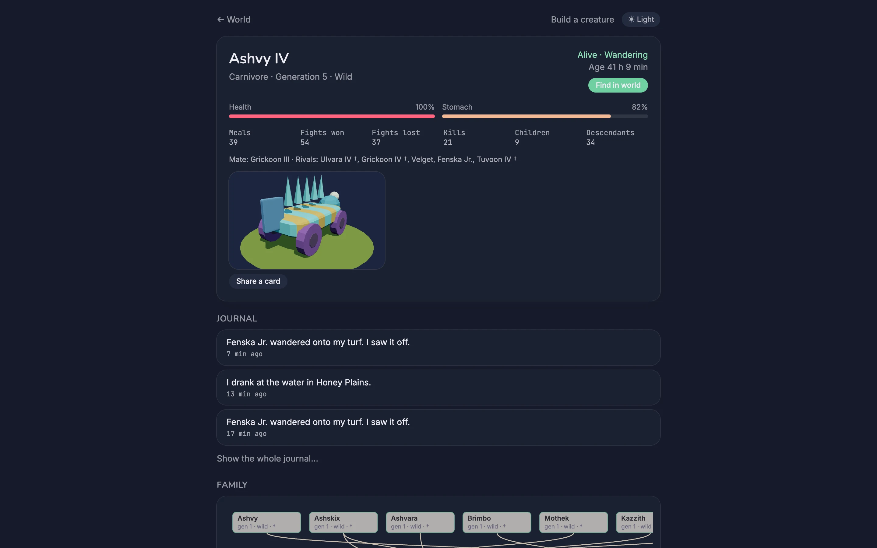 A creature's page with its stats, journal entries and family tree
