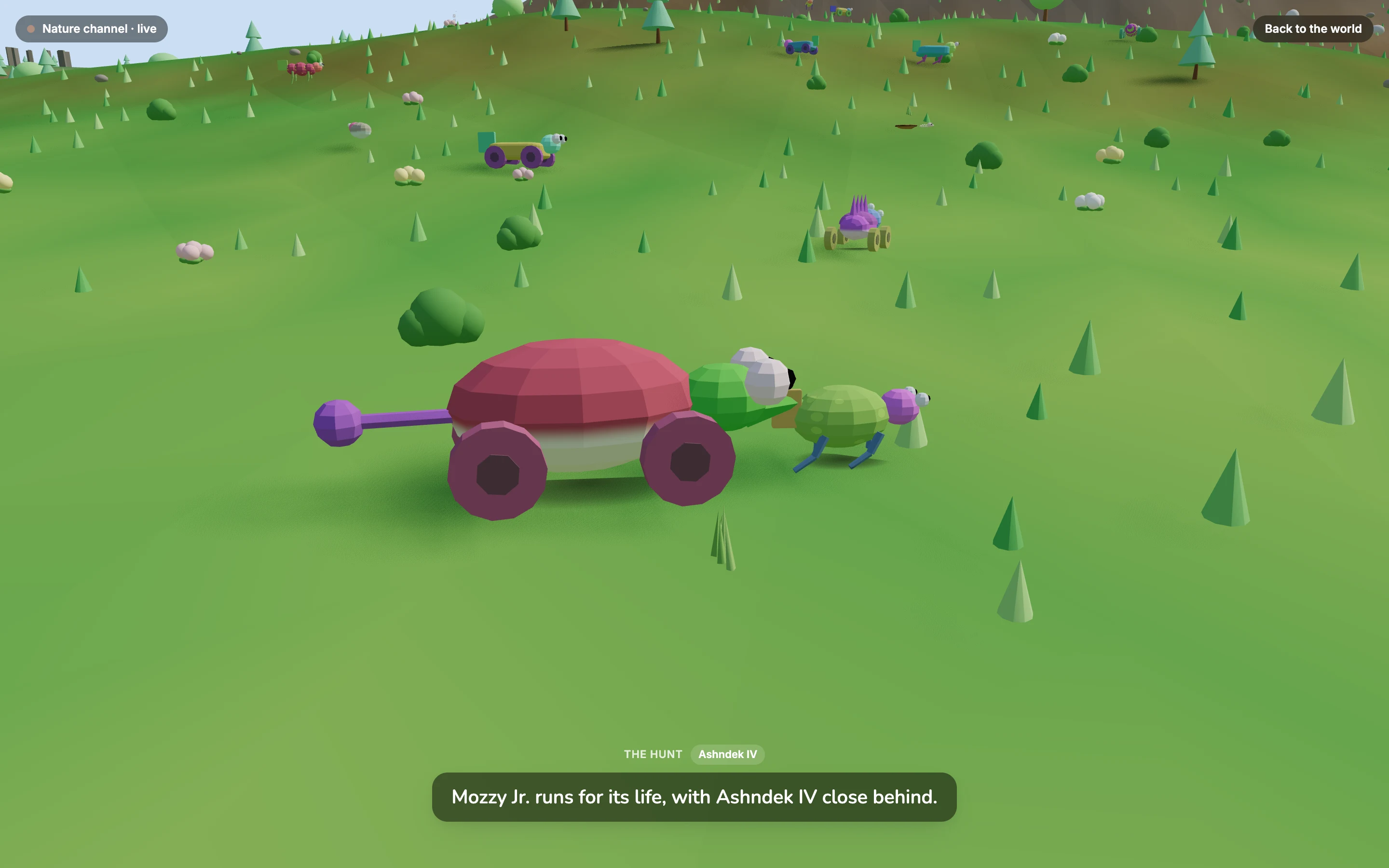 Nature channel: a wheeled creature chases another across a grassy hillside, with a caption narrating the hunt