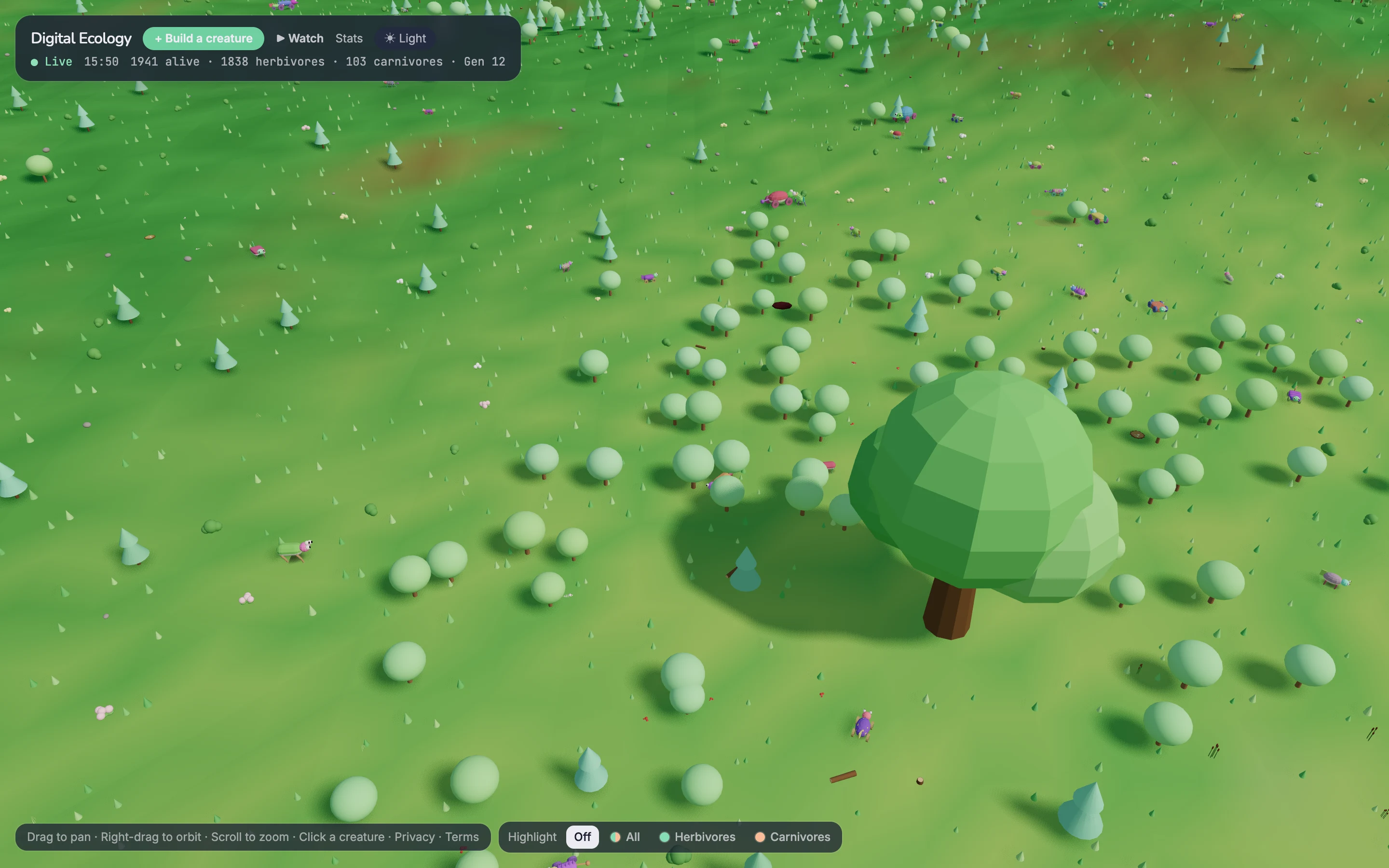 Overhead view of the shared low-poly world, with trees, creatures and a live population count