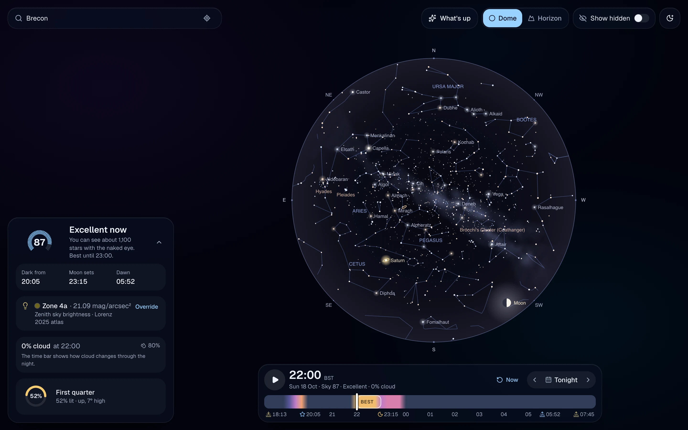 All-sky dome over Brecon at 22:00, with constellations, the Milky Way and a sky quality score of 87