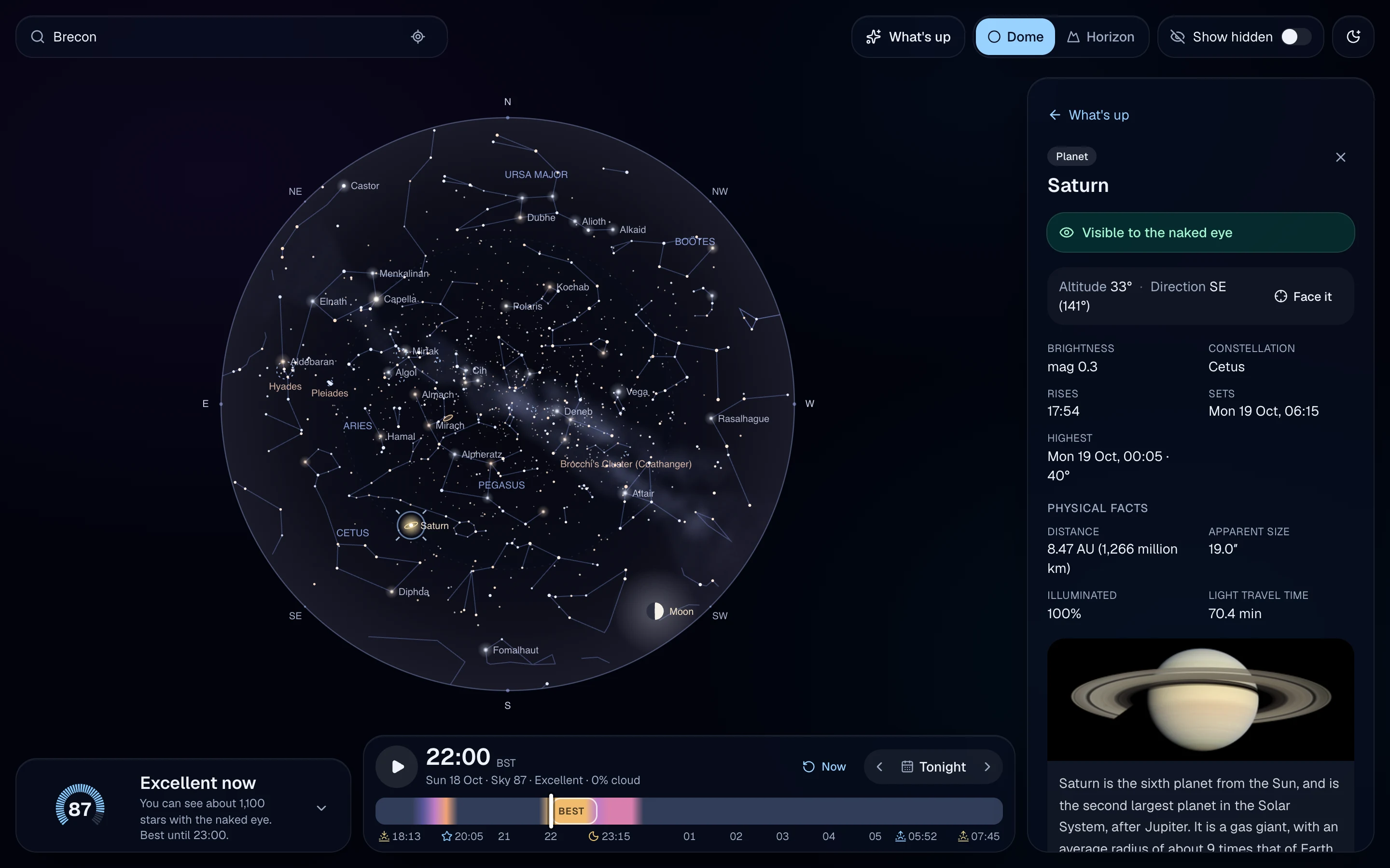 Saturn selected on the dome, with a detail panel showing visibility, rise and set times and a photo