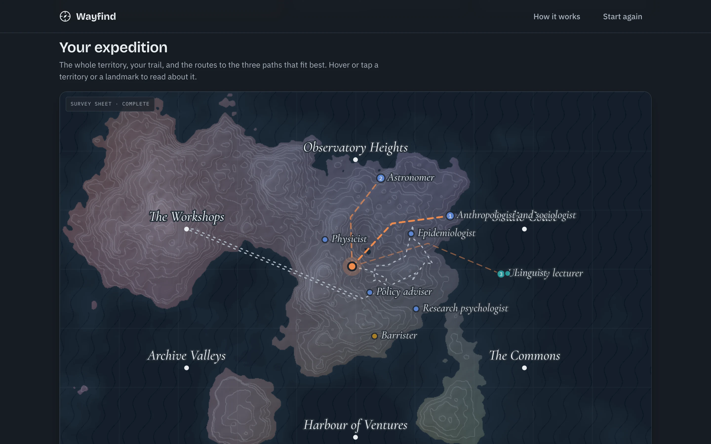 The finished expedition map, with the visitor's trail and routes to the paths that fit